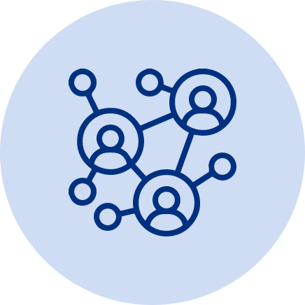 communication@2x A blue icon depicting interconnected circles with human figures inside them, representing a network or social connections, set against a light blue circular background, ideal for promoting commercial cleaning services.